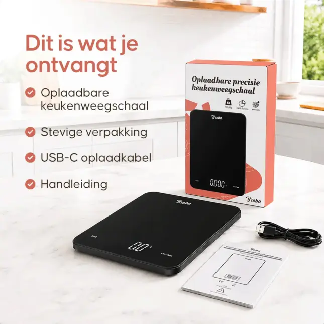 keukenweegschaal oplaadbaar (kopie) Oplaadbare keukenweegschaal, kabel, handleiding