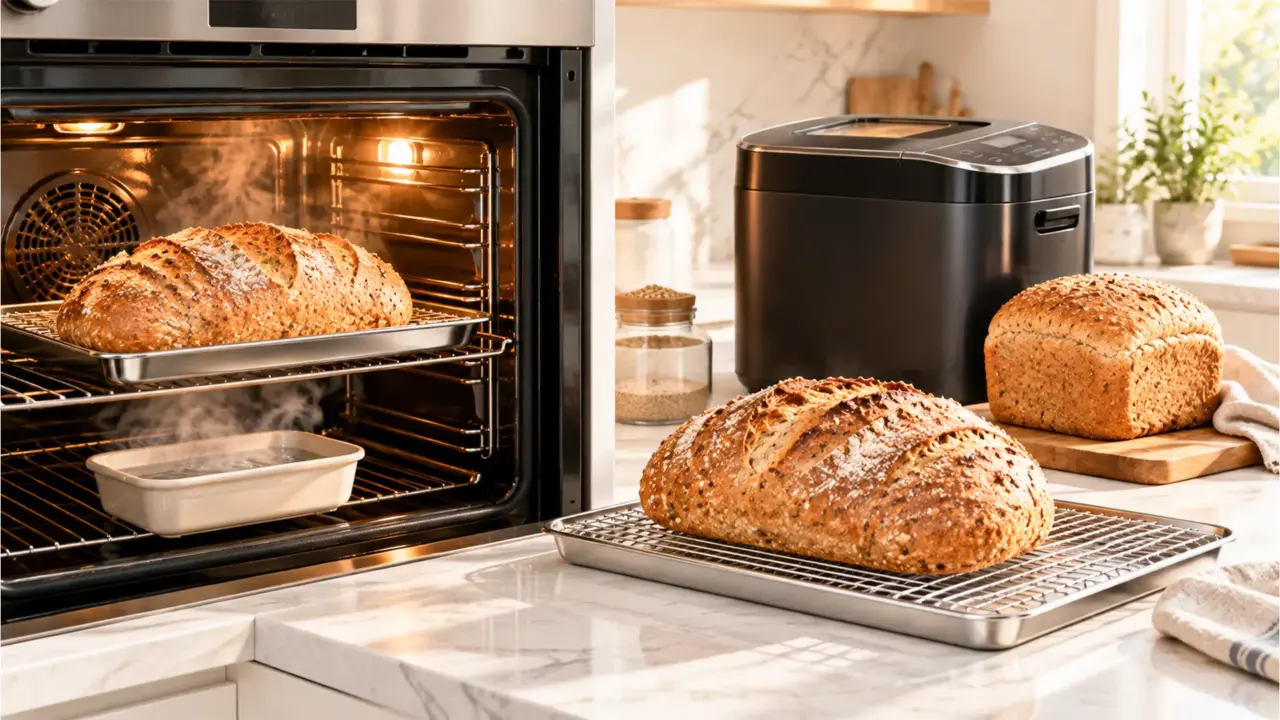 Volkorenbrood bakken in oven of broodbakmachine